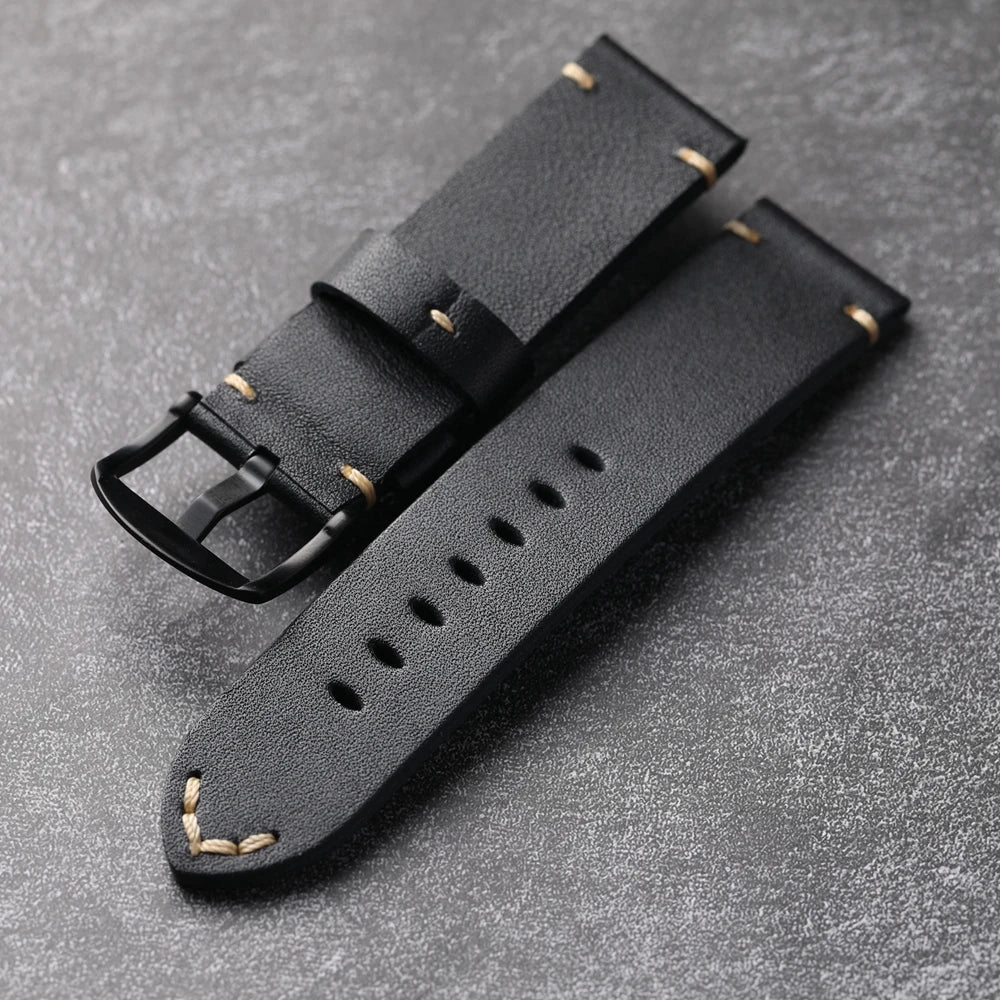 Handmade Cowhide Leather Watch Strap, Top Layer, 20 22 24 26MM, Black, Soft, Foldable, No Sandwich, Flexible