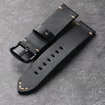 Handmade Cowhide Leather Watch Strap, Top Layer, 20 22 24 26MM, Black, Soft, Foldable, No Sandwich, Flexible
