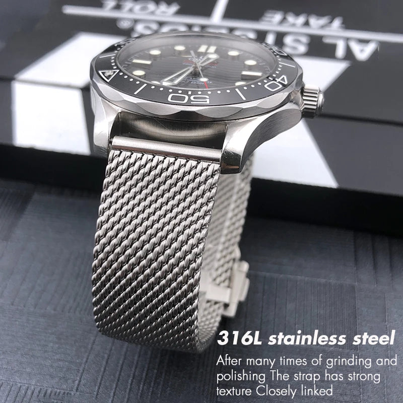 Cinturino per orologio in acciaio inossidabile 316L di alta qualità, 19mm 20mm, per Omega 007 Seamaster Speedmaster 300, Bracciali in metallo intrecciato