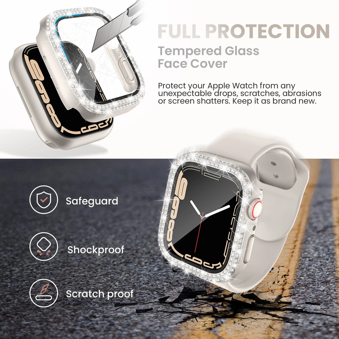 Coque en verre et diamant pour Apple Watch, 46mm 40mm 44mm 41mm 42mm 45mm, protection antichoc brillante, iWatch série 11 10 9 SE 7 8