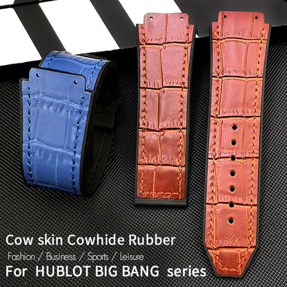 Cinturino per orologio in gomma e pelle bovina 19mm x 26mm per HUBLOT Big Bang colorato nero blu, grana coccodrillo, in pelle bovina, da uomo e donna