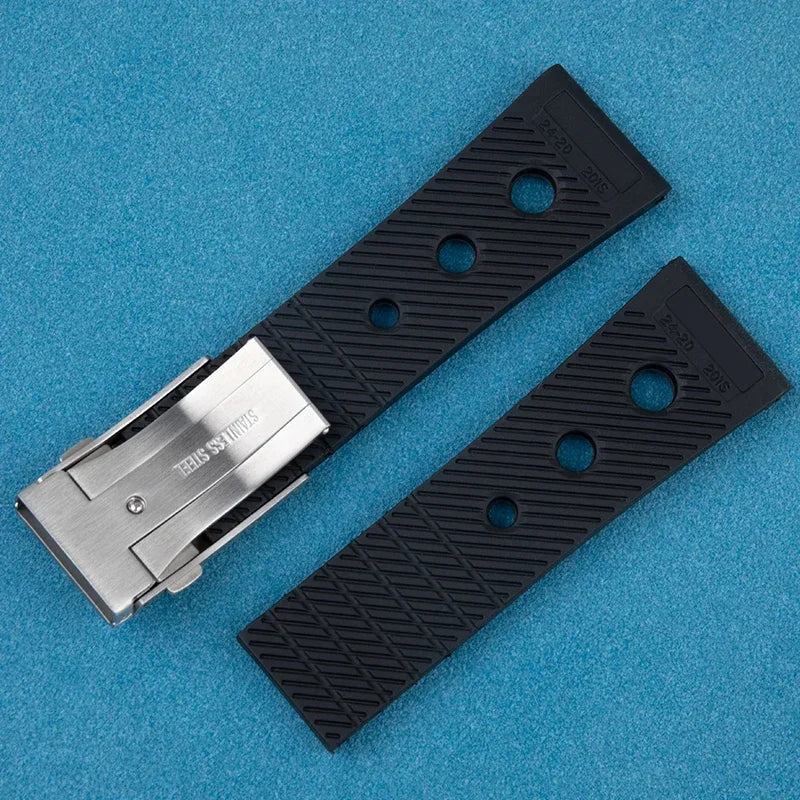 Universal Soft Rubber Watch Strap, Black, 22mm, 24mm, for Breitling Super Ocean Avenger Huawei, Folding Clasp Bracelet