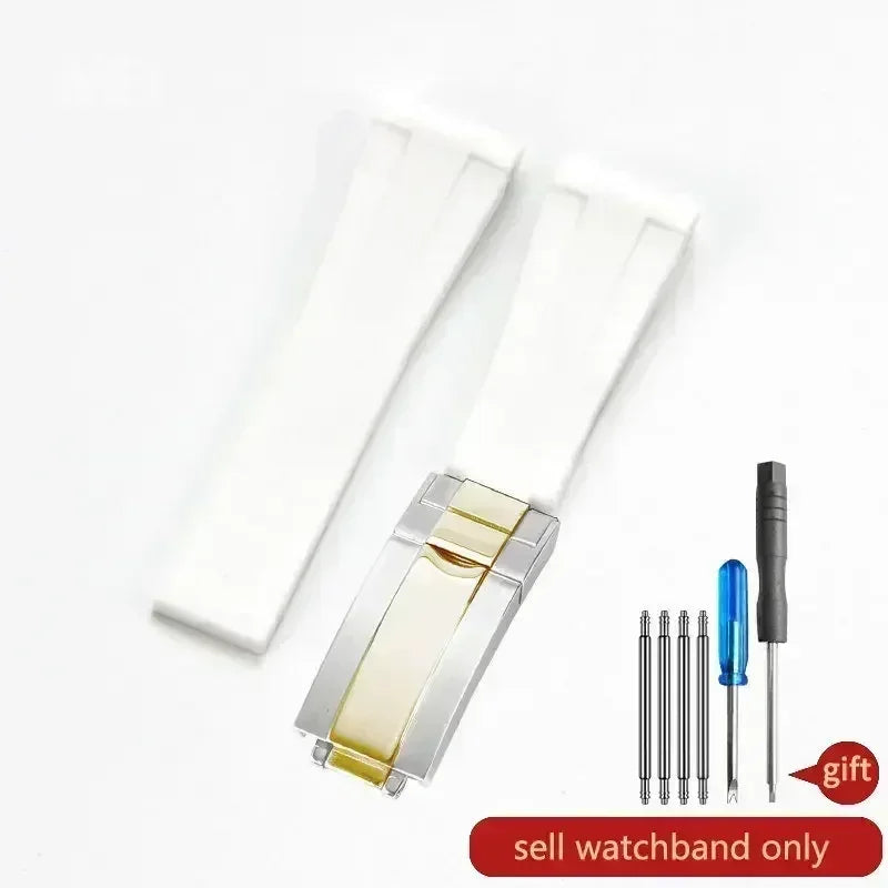 High-quality silicone watch strap in colorful styles (black, green, red, blue, white), with a curved interface for Rolex Datejust Submariner straps.