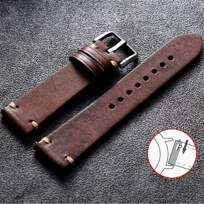 Genuine Bovine Leather Watch Strap - Vintage Style with Quick-Release Fasteners