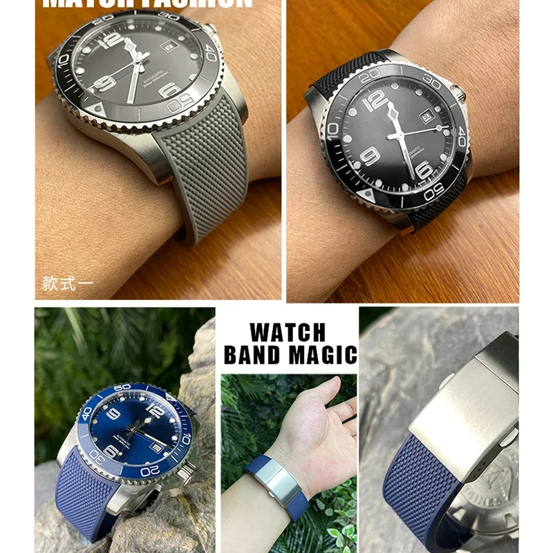 Bracelet de montre en caoutchouc fluoré en Silicone de haute qualité 19mm 20mm 21mm pour Longines hydroconquest L3 Conquest sport bracelet de montre de plongée
