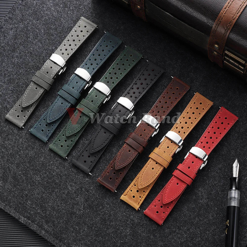 Bracelet de montre vintage de course à dégagement rapide, marron, respirant et poreux, 18mm 19mm 20mm 21mm 22mm 24mm, avec boucle papillon