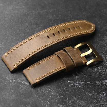 Bracelet en cuir de vache fait à la main, couche de tête, 20 22 24 26MM, boucle en Bronze, Style rétro, accessoires de montre en cuivre pur épais