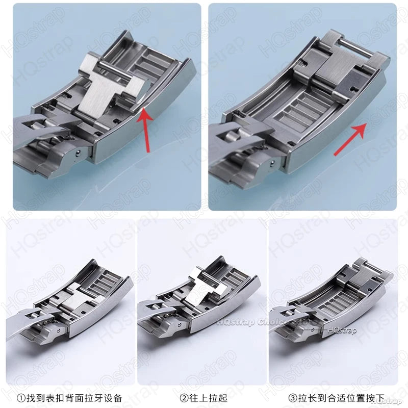 Rolex Rubber Watch Strap Clasp, Stainless Steel Buckle for DayRequiDouble Convex Fitted Foldable, Silver Button, 9mm