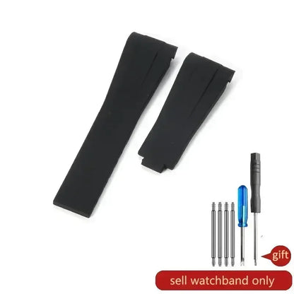 High-quality silicone watch strap in colorful styles (black, green, red, blue, white), with a curved interface for Rolex Datejust Submariner straps.