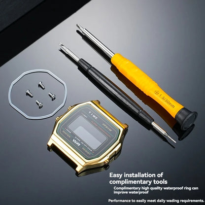 Boîtier de lunette métallique en acier inoxydable + Kit de bracelet pour Casio F91W/A158/A159 – Bracelet de montre et outils de remplacement personnalisés (argent/noir/or)