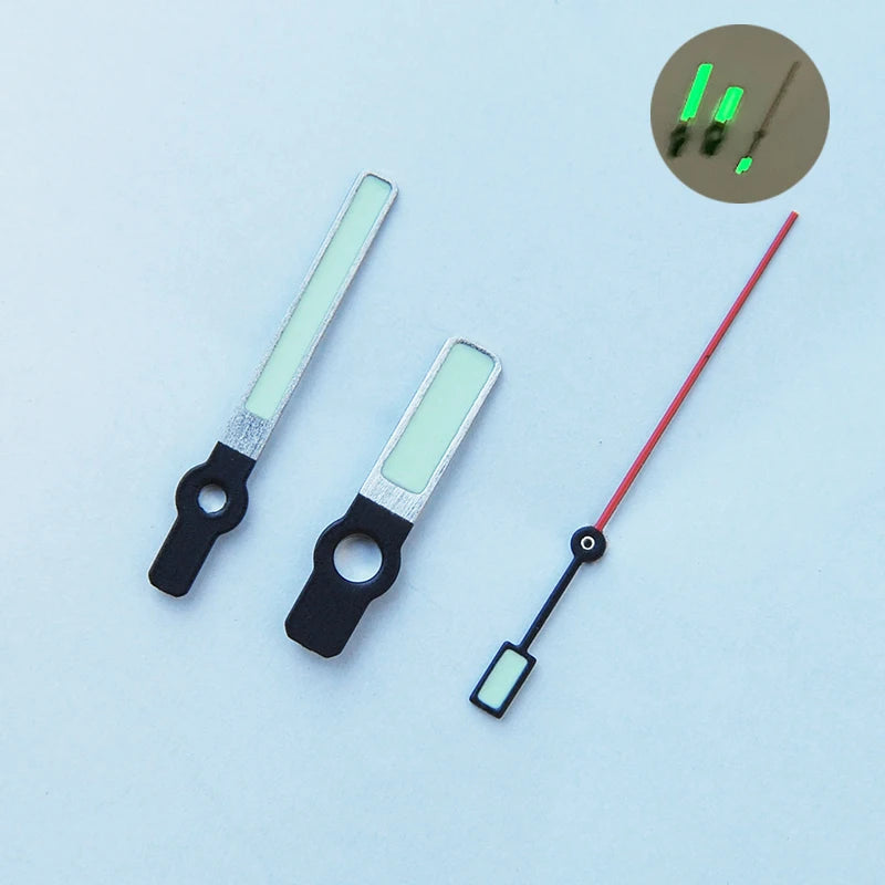 Lancette luminosa verde SKX007/SRP777, set di lancette per NH35 NH36 62MAS, movimento di orologio a tre lancette, lancette nere e rosse