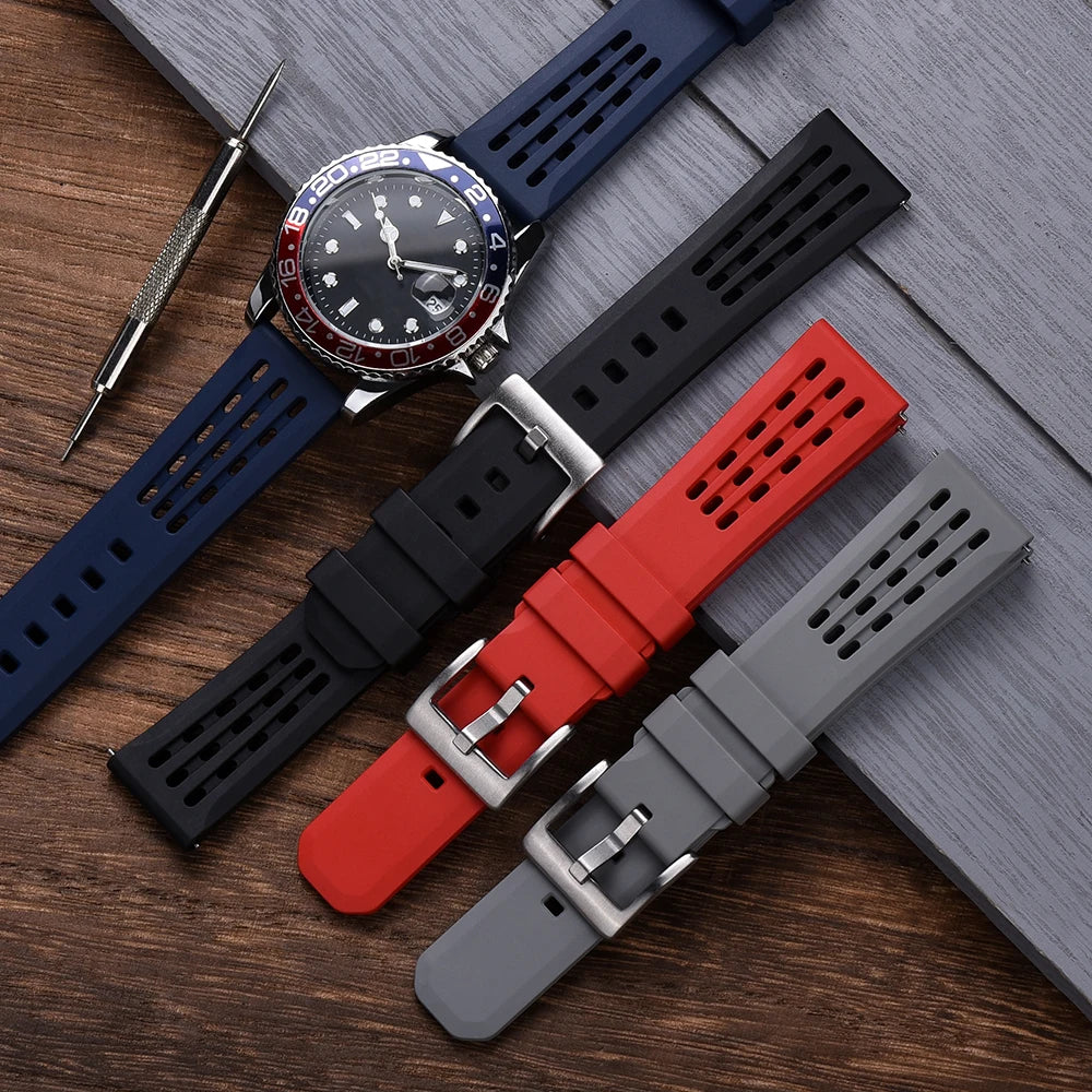 High Quality Quick Release FKM Fluoro Rubber Watch Strap 20mm 22mm New Design Porous Structure Ventilate FPM Rubber Watch Straps