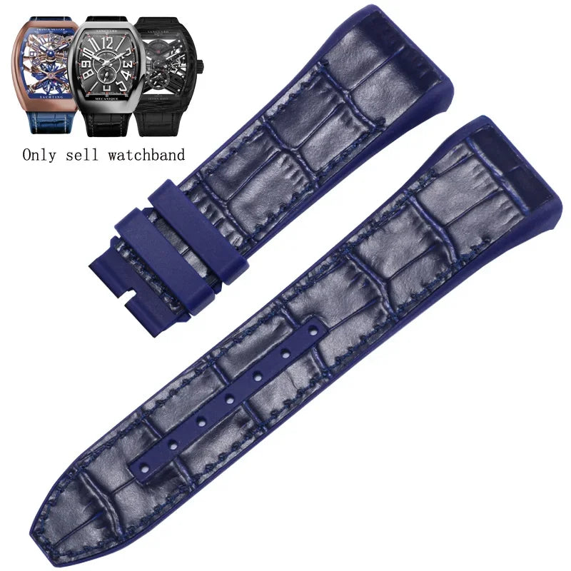 Bracelet de montre pliable en nylon et cuir véritable, bracelet de montre en silicone, noir, bleu, haute qualité, compatible avec Franck Muller, série V45, 28mm