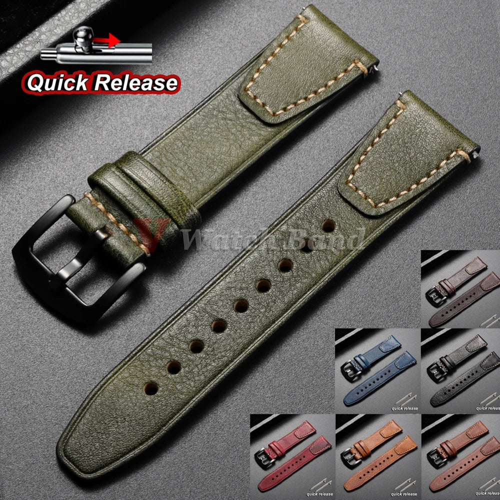 Bracelet de montre en cuir de vache véritable vintage 18mm 20mm 22mm, à dégagement rapide, universel, style rétro, pour femmes et hommes