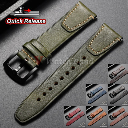 Bracelet de montre en cuir de vache véritable vintage 18mm 20mm 22mm, à dégagement rapide, universel, style rétro, pour femmes et hommes