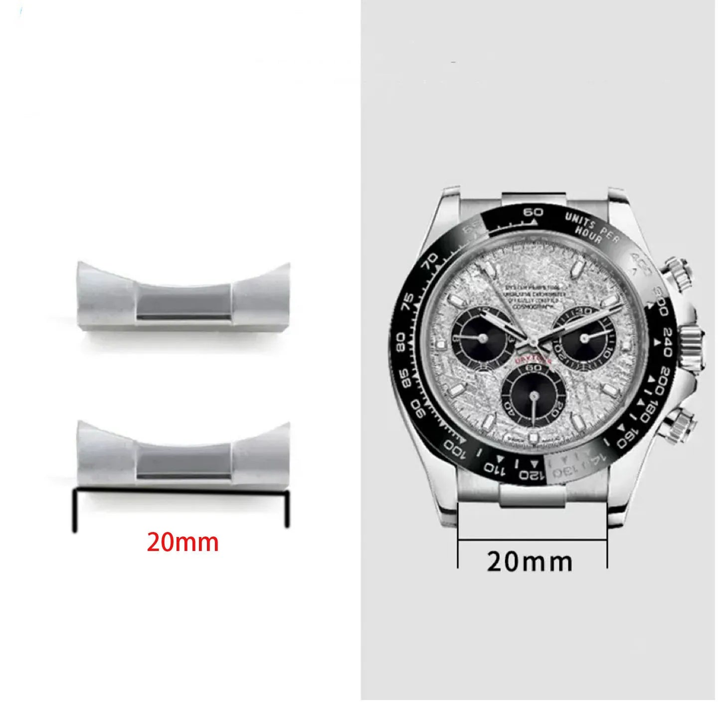 Accessori per orologi Rolex Daytona Black Green Water Ghost Log, interfaccia curva, maglie di finitura in acciaio inossidabile massiccio argento, 20mm 21mm