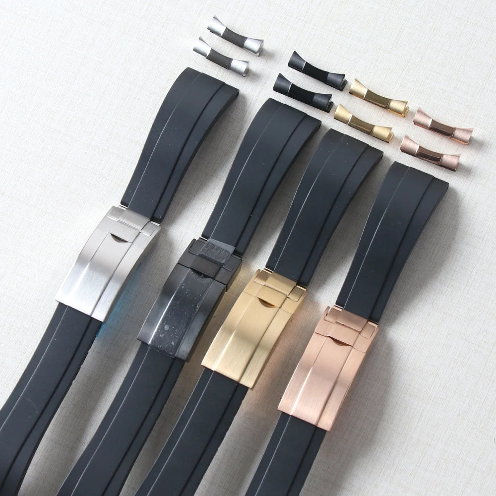 Bracelet de montre en caoutchouc de 20mm pour Yacht-Master Seiko Daytona Submariner, extrémité incurvée avec boucle Endlink, Bracelet en Silicone noir