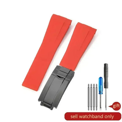 High-quality silicone watch strap in colorful styles (black, green, red, blue, white), with a curved interface for Rolex Datejust Submariner straps.