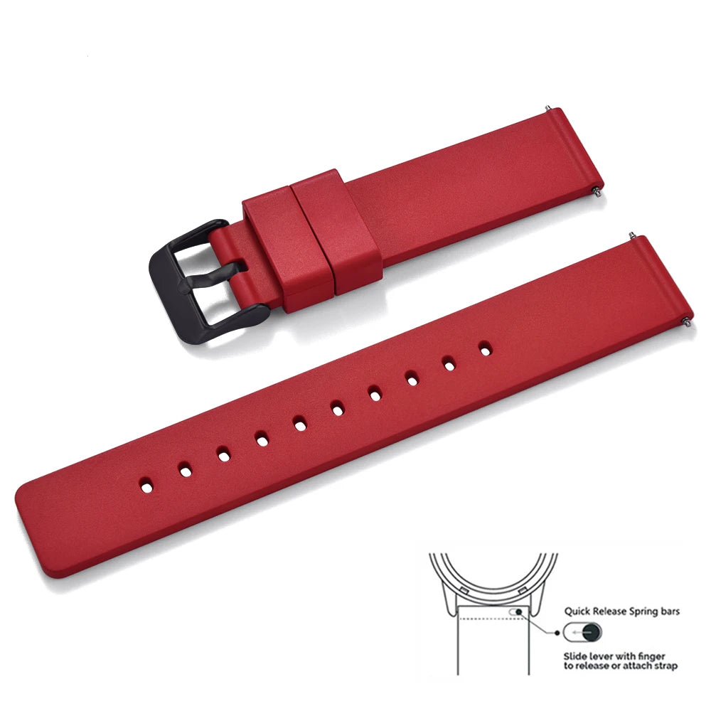 Premium quality smooth flat FKM rubber watch strap 16mm 18mm 20mm 22mm 24mm quick release soft rubber watch straps