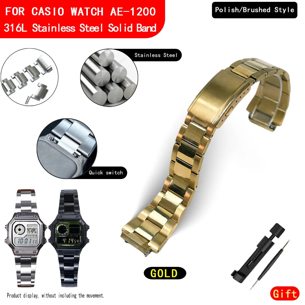Bracelet de montre solide en acier inoxydable 316L, pour montre Casio AE1200WH, modèle Royale, poli et brossé, bracelet en métal AE1200