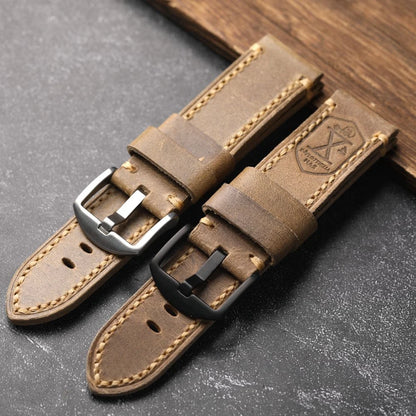 Handmade cowhide leather strap, 20 22 24MM, retro thick style for men, suitable for military watches