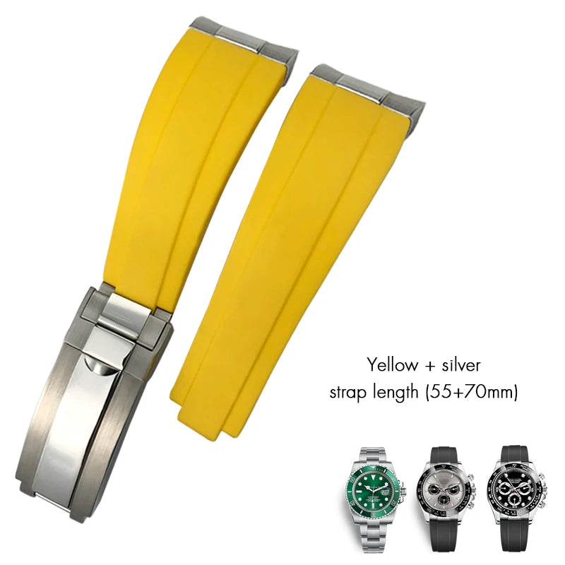 Cinturino per orologio in gomma a maglie metalliche, estremità curva, 20 mm, per orologio Rolex Daytona GMT Yacht Master Submariner, cinturino verde alla moda