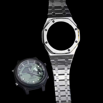 GM-2100 Metal Case Bracelet for Casio Oak Watch | Farmhouse Oak Mod Accessories | Replacement Bezel and Band Set (Silver/Black/Gold)