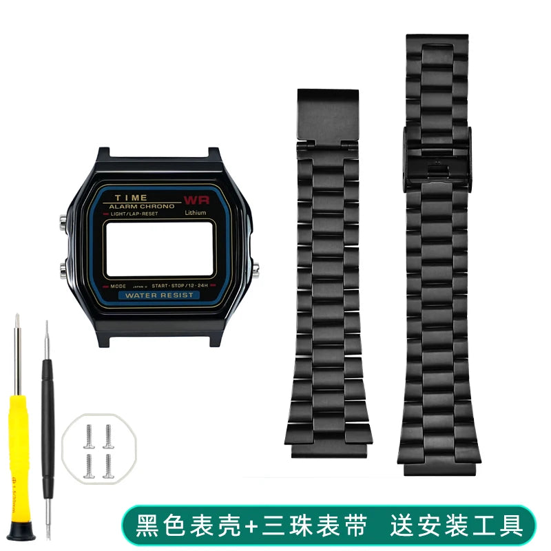 Boîtier de lunette métallique en acier inoxydable + Kit de bracelet pour Casio F91W/A158/A159 – Bracelet de montre et outils de remplacement personnalisés (argent/noir/or)
