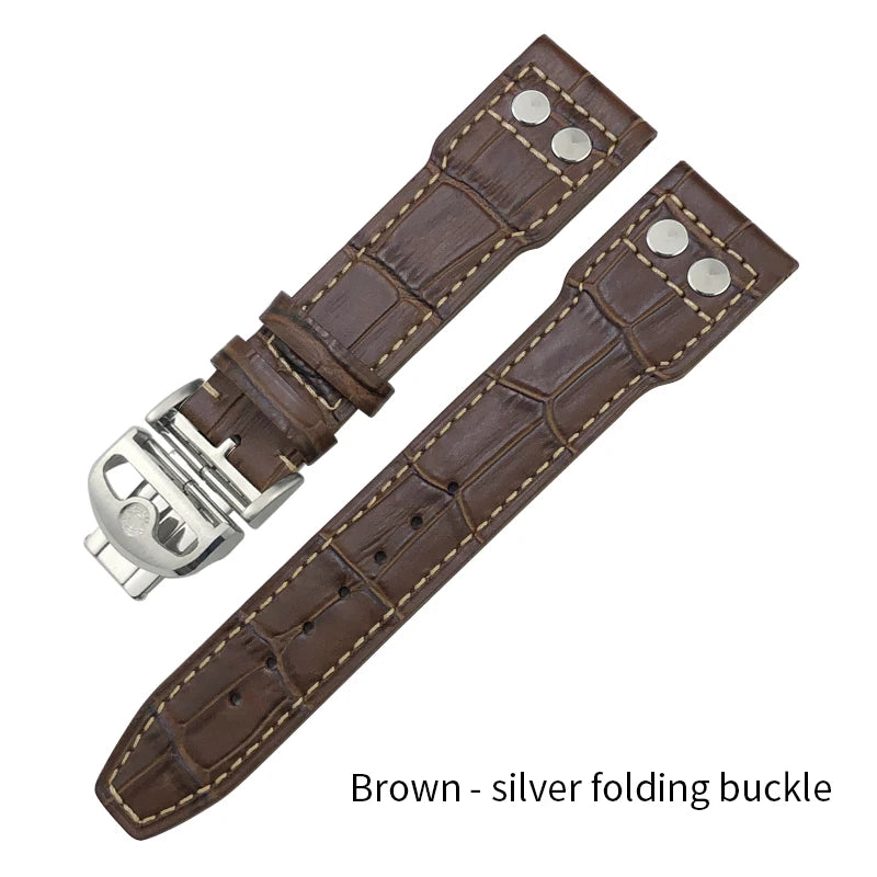 Bracelet de montre riveté en cuir véritable de vache, 20mm 21mm 22mm, pour IWC Big Pilot'S WATCHES marron, boucle pliante