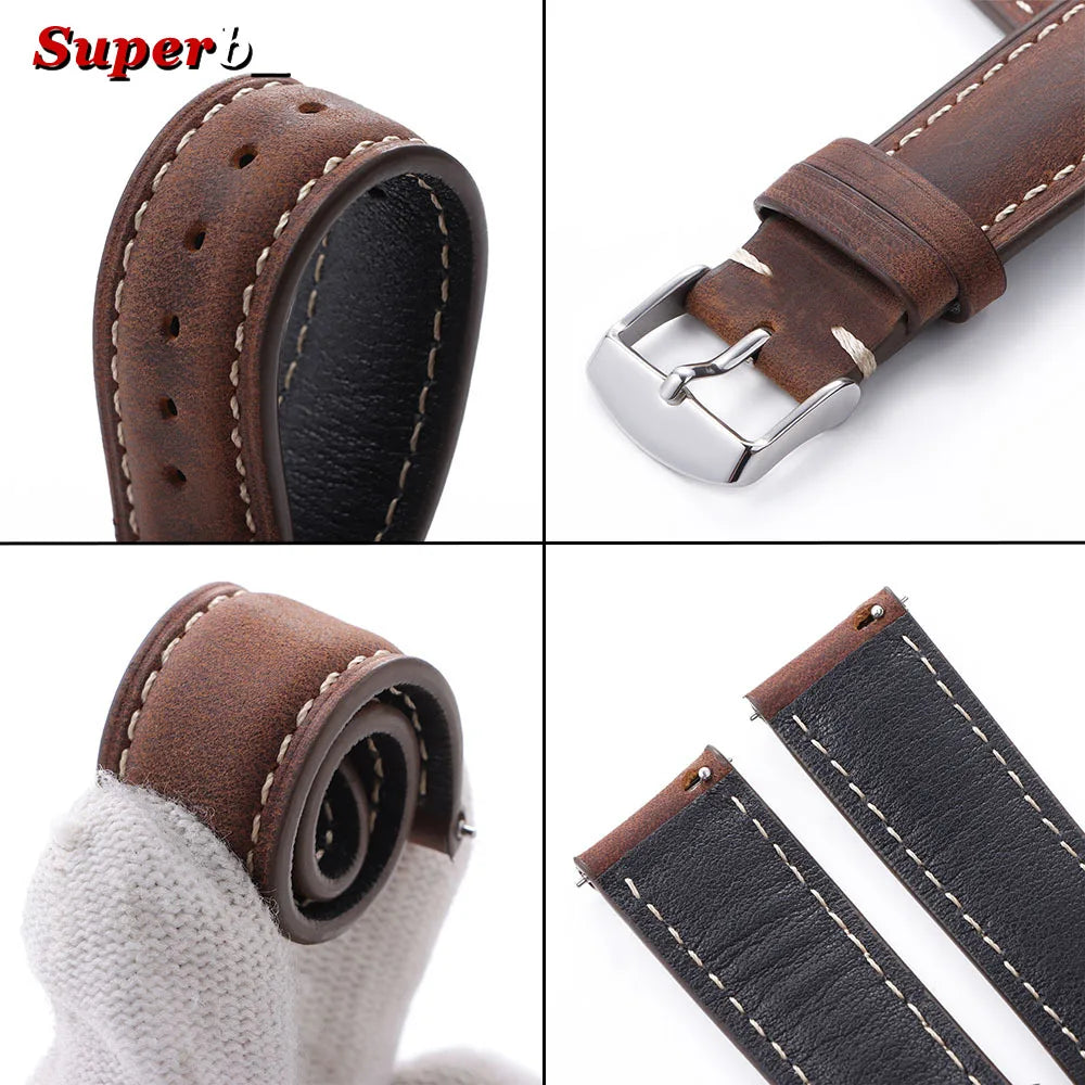 Cowhide Leather Watch Strap, 14mm 16mm 18mm 20mm 22mm 24mm, Retro Dark Brown, Quick Release, for Samsung Galaxy Watch 7/6/5/4 44mm