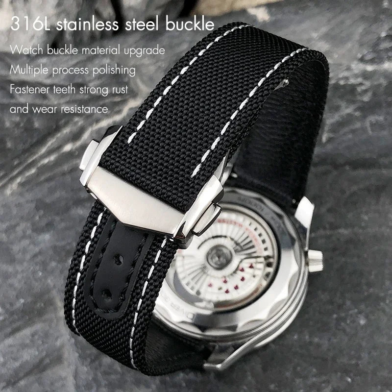 Cinturino per orologio in pelle e nylon con fibbia deployante di alta qualità, 20mm 21mm 19mm, per Omega Seamaster AQUA TERRA 150 GMT, estremità curva