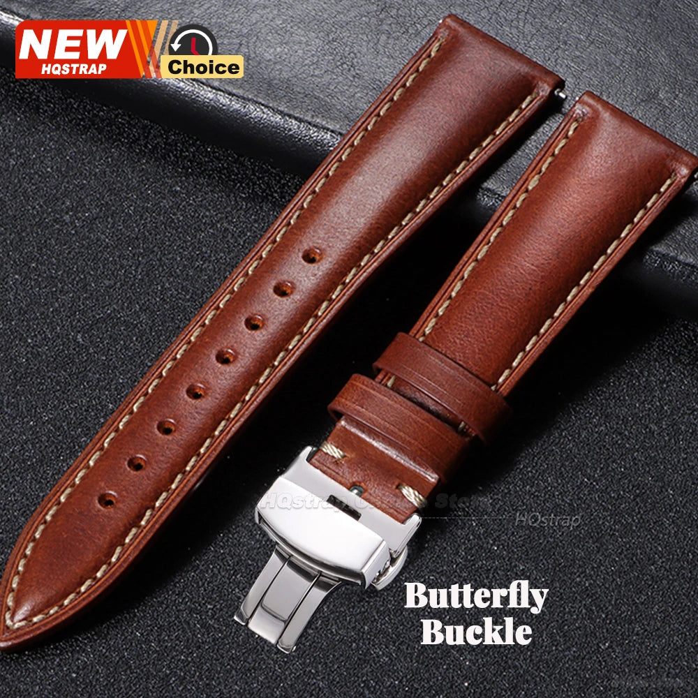 Bracelet de montre vintage en cuir huilé avec boucle papillon 18mm 19mm 20mm 21mm 22mm pour homme et femme, fermoir à ardillon