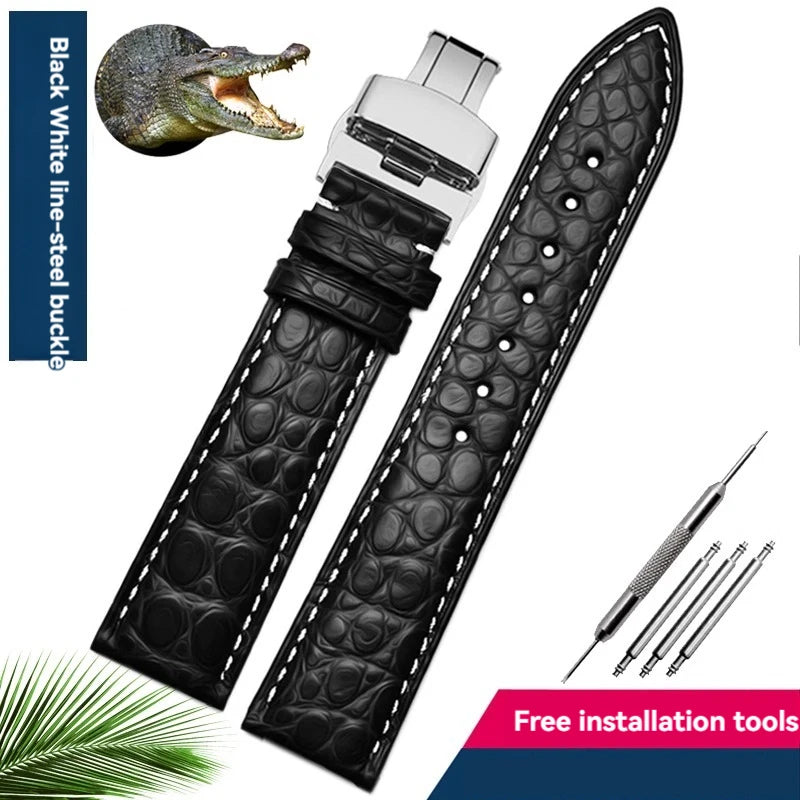 Bracelet en peau de crocodile véritable pour homme et femme, bracelet en alligator, fermoir papillon, Longines, Omega, Mido, Tissot, Rossini, 16mm, 18mm, 20mm, 22mm