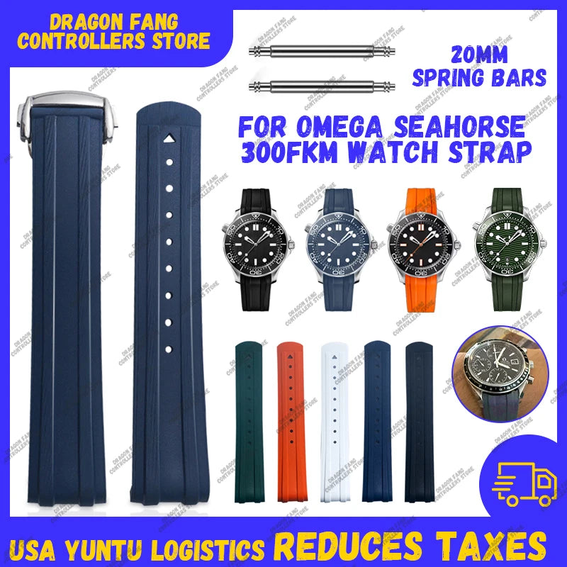 Cinturino per orologio in gomma fluorocarbonica, fibbia pieghevole da 20 mm, estremità curva per Omega X, Swatch Seamaster 300, Speedmaster, accessori FKM