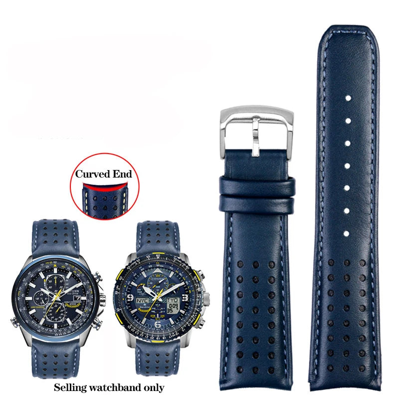 Curved End Leather Watch Strap, 22mm 23mm, for Citizen Blue Angel AT8020-54L/8020-03L JY8078 AT8020 Series, Black