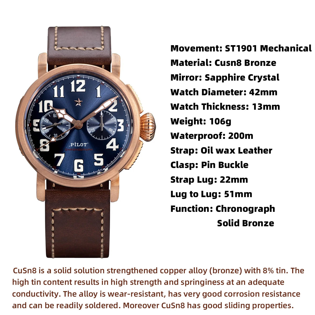 Orologio cronografo/automatico da uomo Sugess ST1901 in bronzo