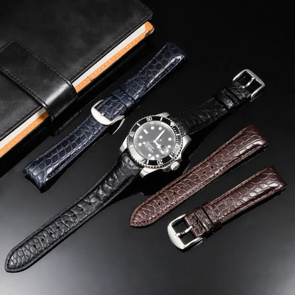 Bracelet de montre incurvé en peau de Crocodile, 20mm 22mm, pour Rolex Omega Tissot IWC Seiko, Bracelet en cuir véritable souple pour hommes