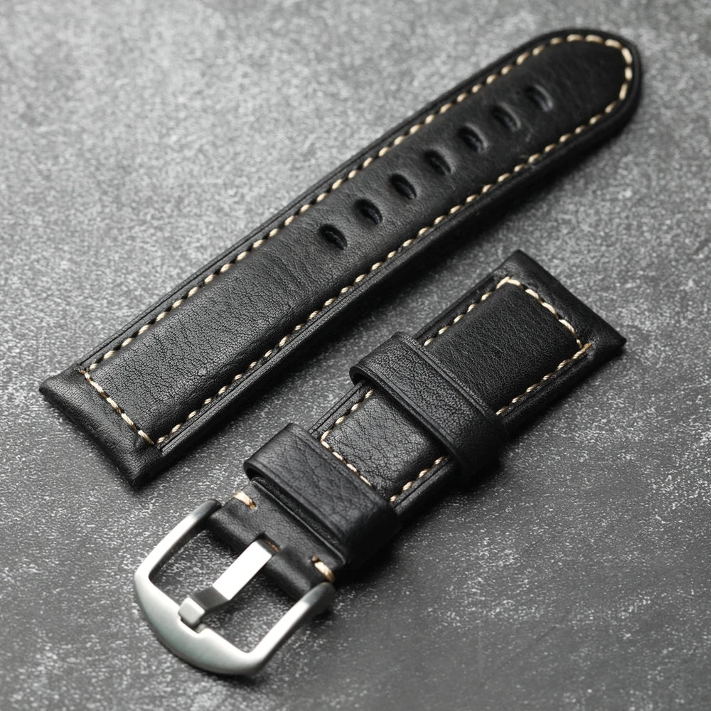 Handmade Leather Watch Strap Black 20 22 24 26MM Head Layer Cowhide Men's Mechanical Watch Band, Retro Style Black Strap