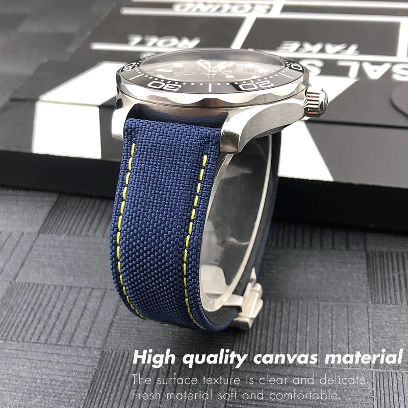 Canvas and Leather Watch Strap, 20mm, 22mm, 19mm, 21mm, for Omega Watch, Seamaster, Diver 300 Moon, AT150 AQUA TERRA, Nylon Bracelet Tools