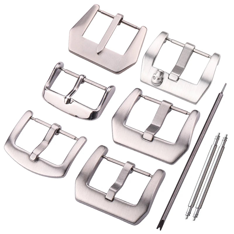 Großhandel mit 19 Modellen von Edelstahl-Uhrenschnallen, 12, 14, 16, 18, 20, 22, 23, 24, 26, 28 mm, silberfarbene Metall-Uhrenarmbandschließen, Uhrenarmbandzubehör