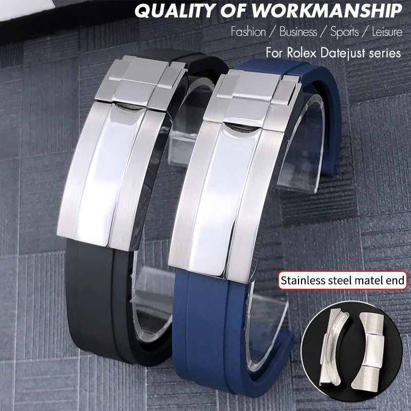 Cinturino per orologio in gomma, estremità metallica 21 mm, ricambio speciale per Rolex Datejust 41 mm m126 Oyster, cinturino per orologio in silicone, fibbia scorrevole con blocco