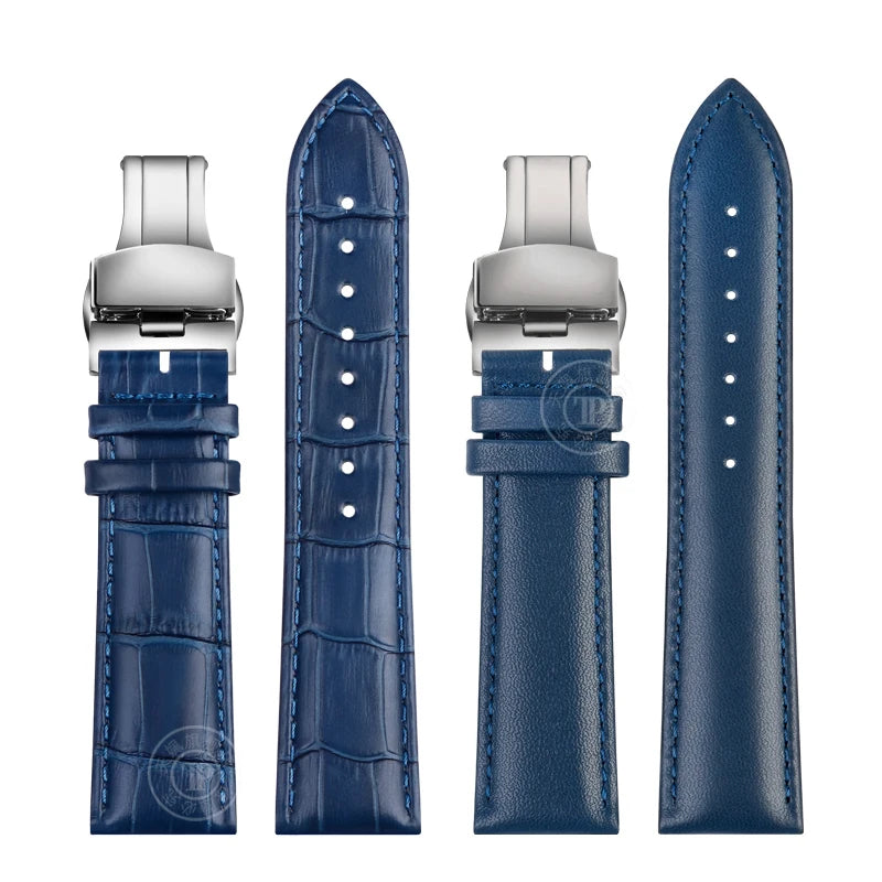 Blue Leather Bracelet for Men and Women, 12mm, 14mm, 16mm, 18mm, 20mm, 22mm for Tissot Longines, Omega Seamaster, Blue, Black, Brown