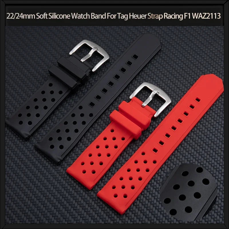 22/24mm Soft Silicone Watch Strap for Tag Heuer, Racing F1 WAZ2113, Sport, Diving, Waterproof Rubber Band with Pin Buckle for Men