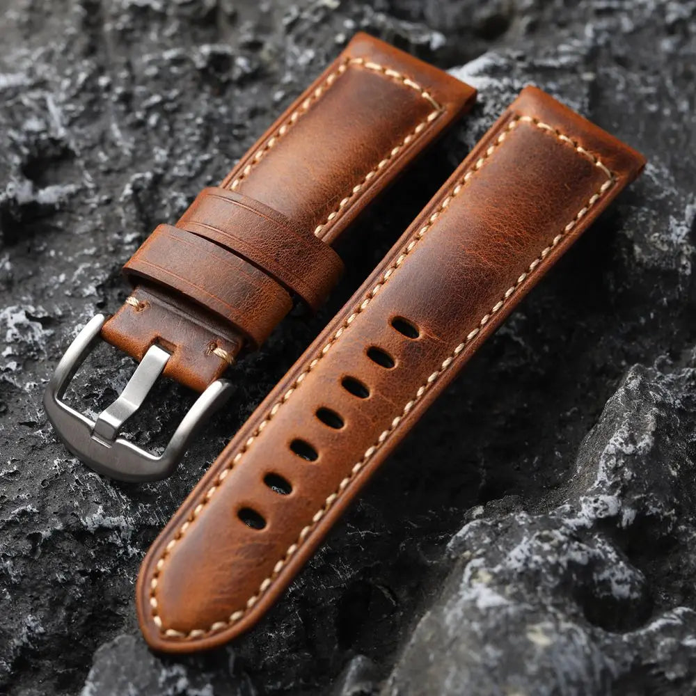 Cinturino per orologio da uomo fatto a mano in pelle bovina, strato superiore, beige, vintage, 20mm, 22mm, 24mm, struttura in bronzo morbido e ispessito