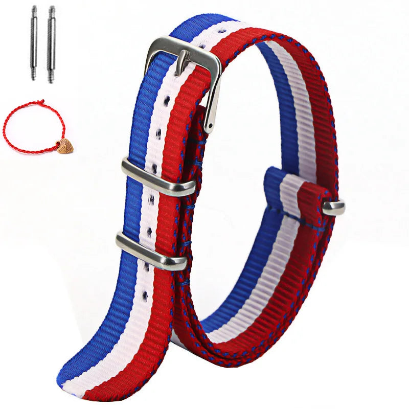 Bracelet de montre à rayures de remplacement pour hommes et femmes, en Nylon, avec boucle ardillon argentée, 16MM 18MM 20MM 22MM, bracelet à dégagement rapide