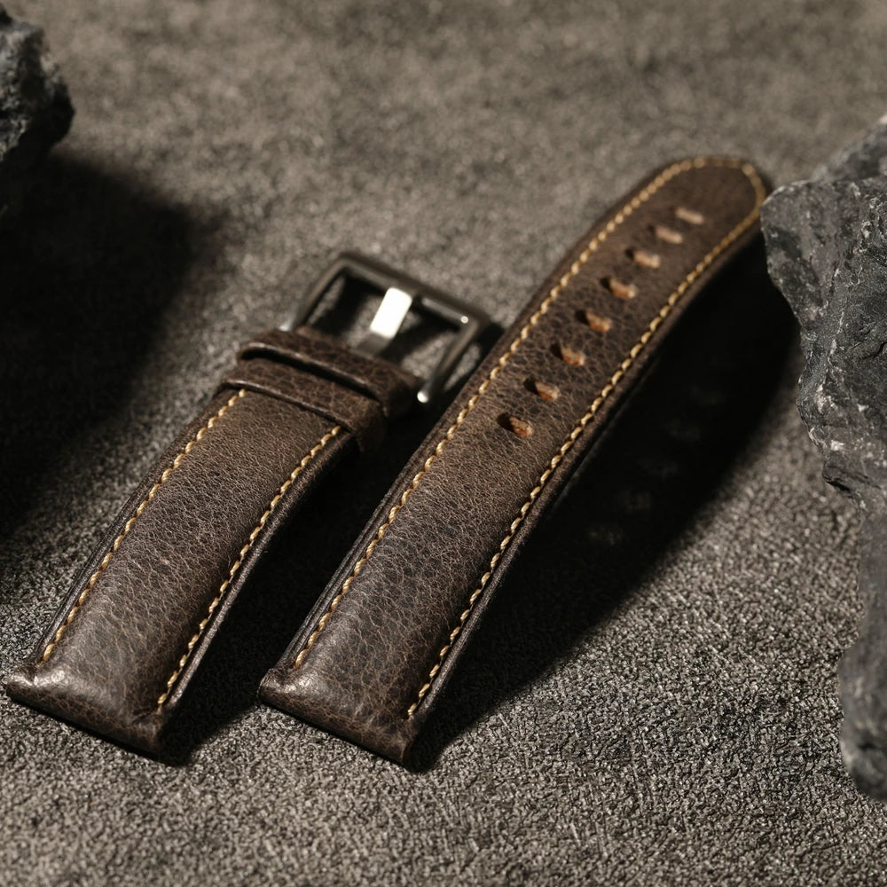 Men's Waxed Leather Watch Strap, Handmade Top Layer, Grey Leather, Italian Leather, High-End, 20mm, 22mm