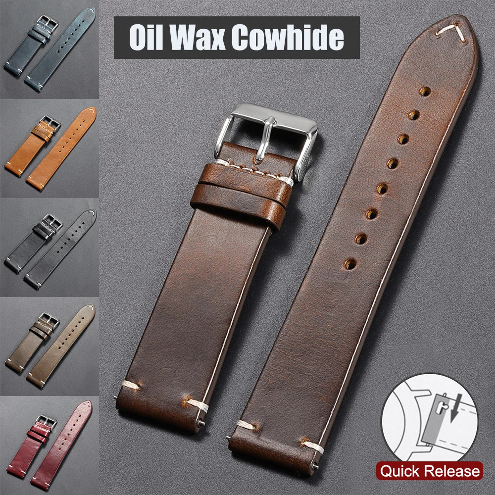 Bracelet de montre en cuir huilé vintage 18 mm 20 mm 22 mm 19 mm 21 mm 24 mm, sangle en cuir de vachette à couture universelle pour Seiko pour Omega