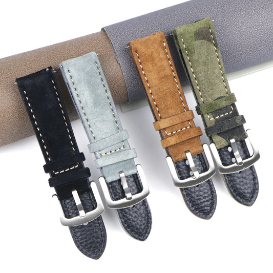 Bracelet de montre en cuir suédé vintage, 18mm, 19mm, 20mm, 22mm, fait à la main, gris, marron, ceintures de remplacement, accessoires de montre pour hommes