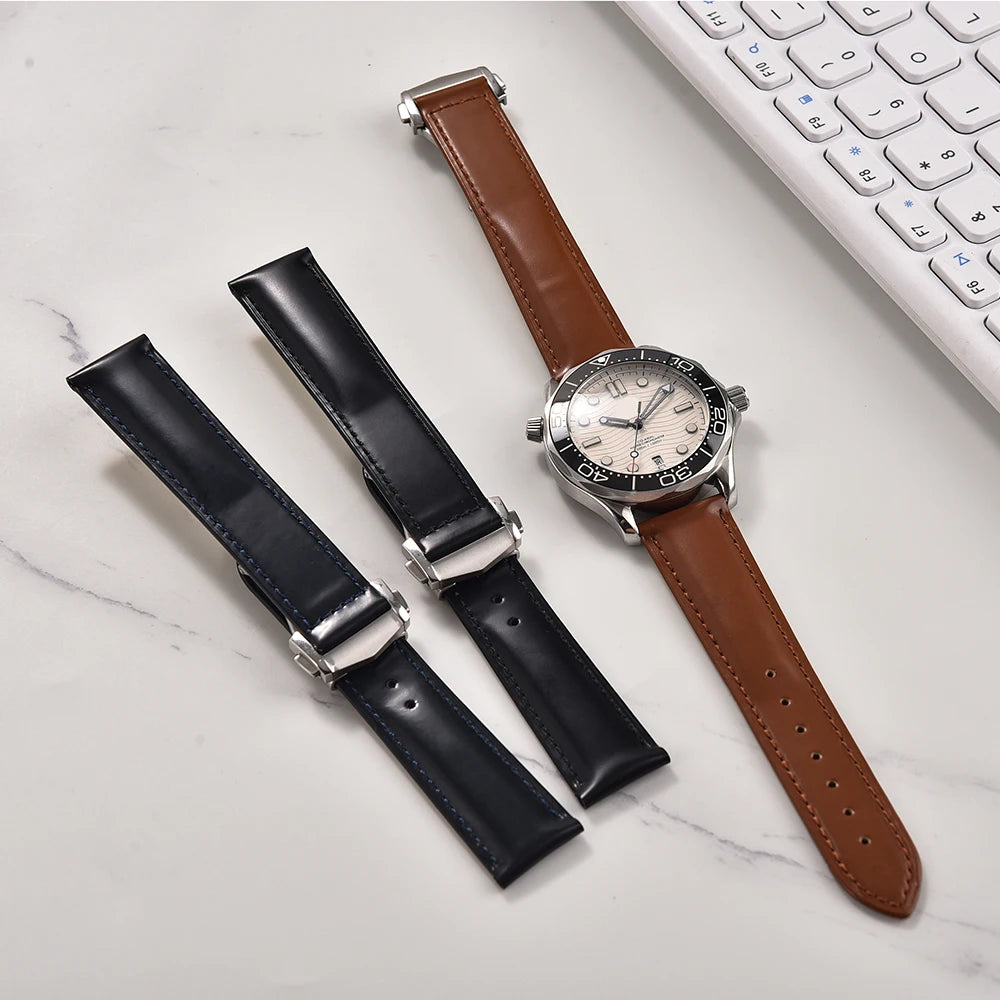 Cinturino in pelle bovina con fibbia pieghevole 19 20 21 22mm per Omega Seamaster, cinturino universale da uomo di alta qualità a sgancio rapido