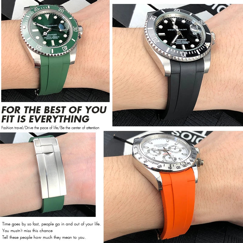Cinturino per orologio in gomma fluorurata, 20mm, per Rolex Submariner GMT Master Daytona, bracciale per orologio in morbida gomma fluorosiliconica, fibbia con chiusura scorrevole